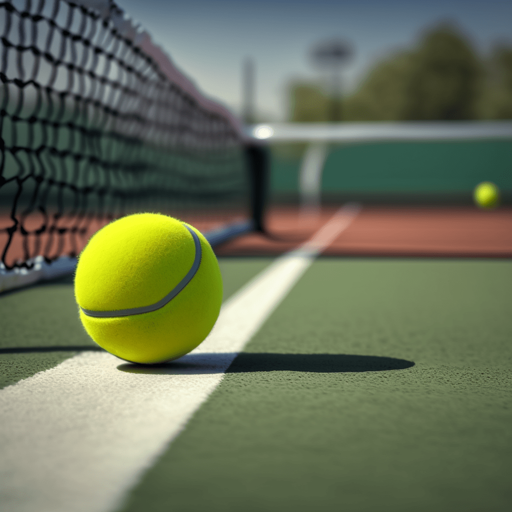 Alt Text: A photo of a yellow tennis ball lying on a green tennis court, close to the net. The ball has a fuzzy surface and is commonly used in the sport of tennis.