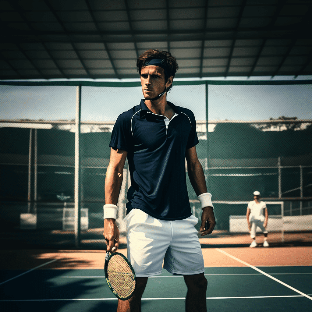 A full-body photo of a handsome man with a serious expression, holding a tennis racket and standing on a tennis court with a stadium in the background.