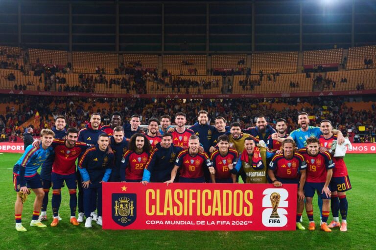 Spain's national football team celebrates their ticket to the World Cup 2026 after finishing first of their group in a game against Turkey on November 18, 2025. World Cup 2026 odds featured image
