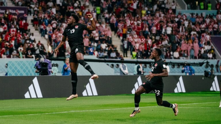 Alphonso Davies celebrates his goal during Canada's World Cup 2022 game against Croatia. Croatia beat Canada 4-1. World Cup 2026 tips for day 1 & 2 featured image.