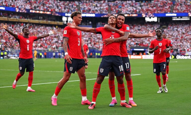 Jude Bellingham celebrates a goal with teammates. England vs DR Congo Round of 32 World Cup 2026 featured image.