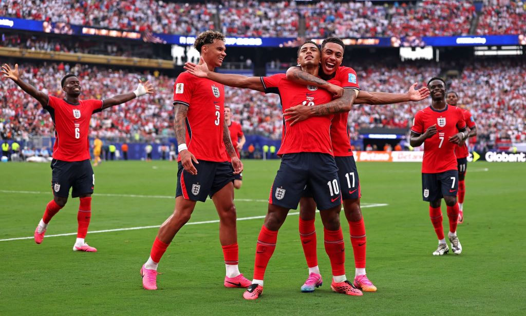 Jude Bellingham celebrates a goal with teammates. England vs DR Congo Round of 32 World Cup 2026 featured image.