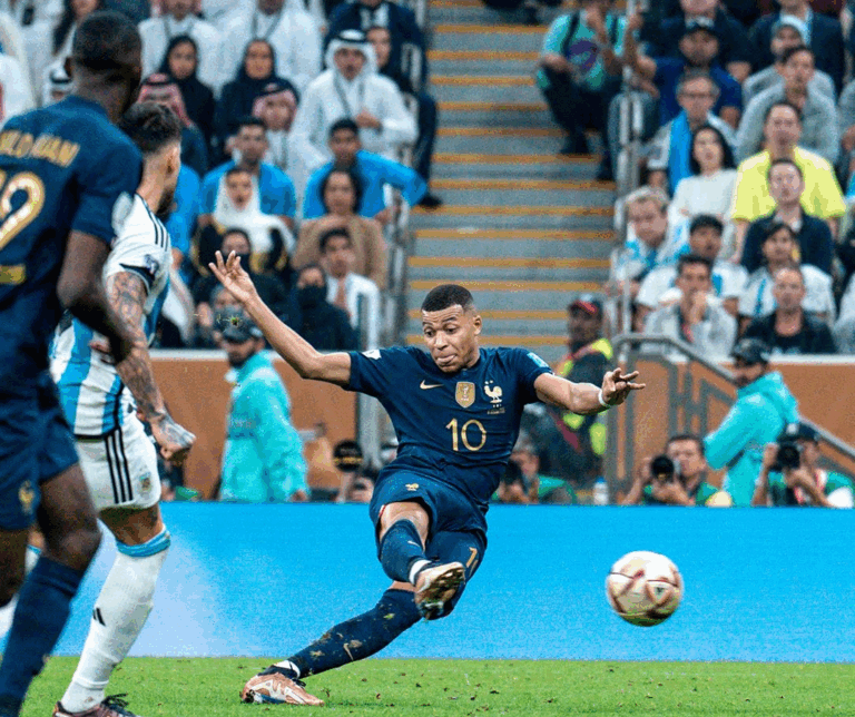 Kylian Mbappe shoots against Argentina during the final of the World Cup 2022. Featured image for the World Cup all-time goalscorer article