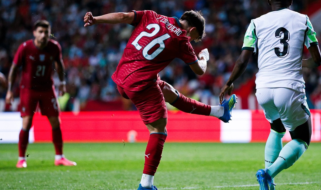 Fracisco Coceicao, #26, centre, from Portugal, shoots during a friendly vs Nigeria on June 10, 2026. Portugal won 2-1.. World Cup 2026 tips for day 17 & 18 featured image.