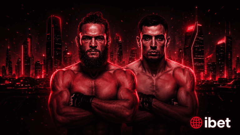 Two MMA fighters standing with arms crossed in front of a red neon futuristic city skyline with ibet branding.. UFC Baku 2026 Featured image